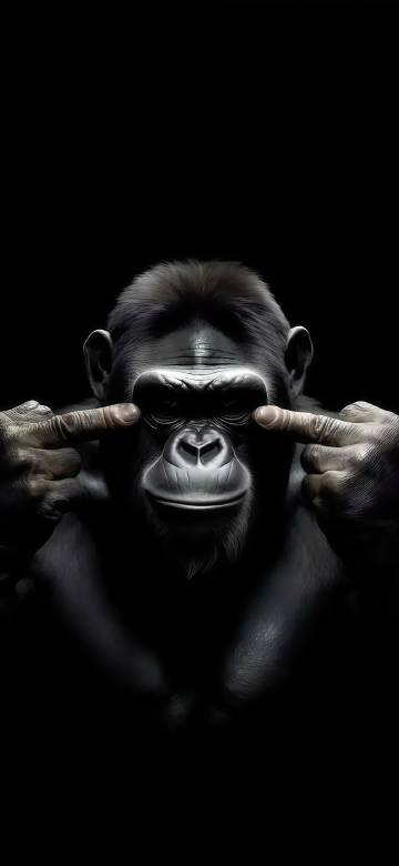Gorilla showing middle finger with both hands on black background