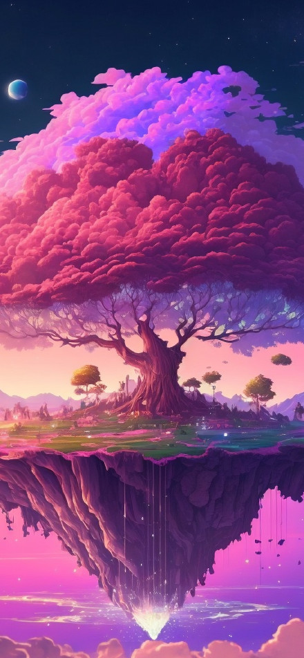Floating Tree Island in Pink Fantasy Sky Phone Wallpaper