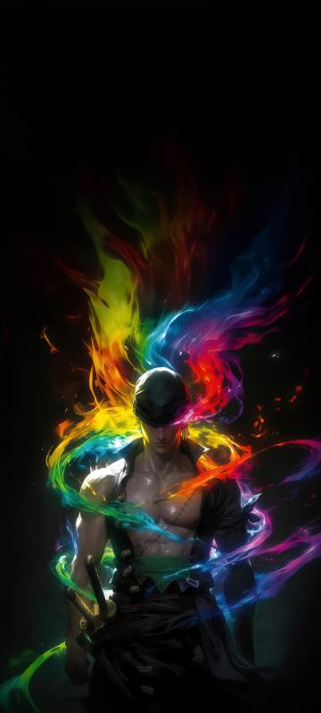 Roronoa Zoro surrounded by colorful flames