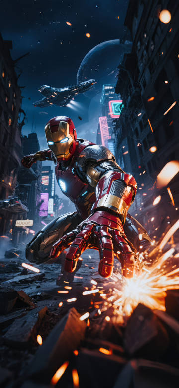 Iron Man In A Sci-Fi City With Sparks Flying 4K Wallpaper