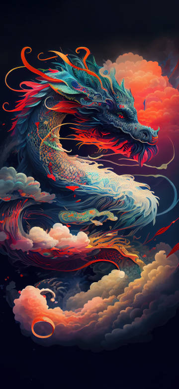 Cool Fantasy Colorful Dragon in Clouds and Mist
