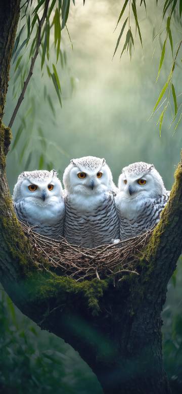 Three cute snowy owls perched in their nest phone wallpaper