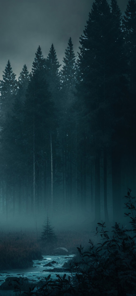Misty Dark Forest Stream 4K Phone Wallpaper