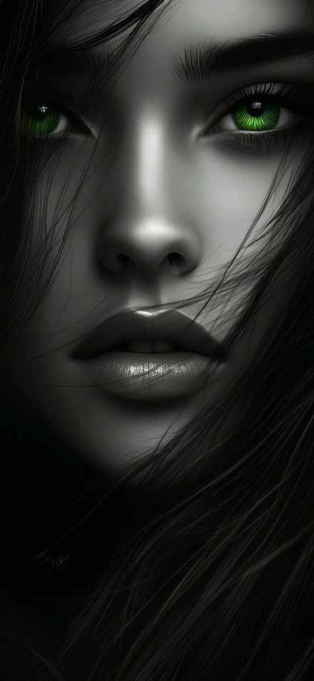 Girl with green eyes on dark background phone wallpaper