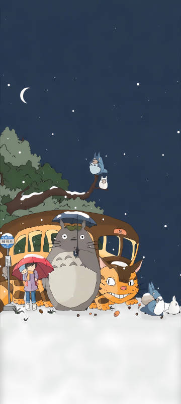 Totoro And Friends At A Snowy Bus Stop 4K Phone Wallpaper
