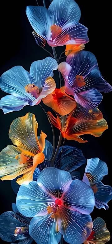 Fantasy Blue and Orange Translucent Flowers 4K Wallpaper