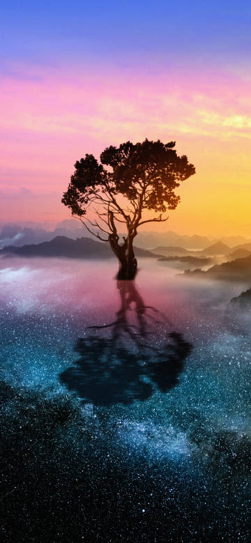 Tree in a Sea of Fantastic Starry Clouds phone wallpaper