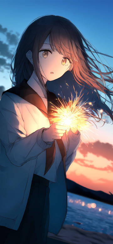 Anime girl holding a fairy wand at dusk on the seaside phone wallpaper