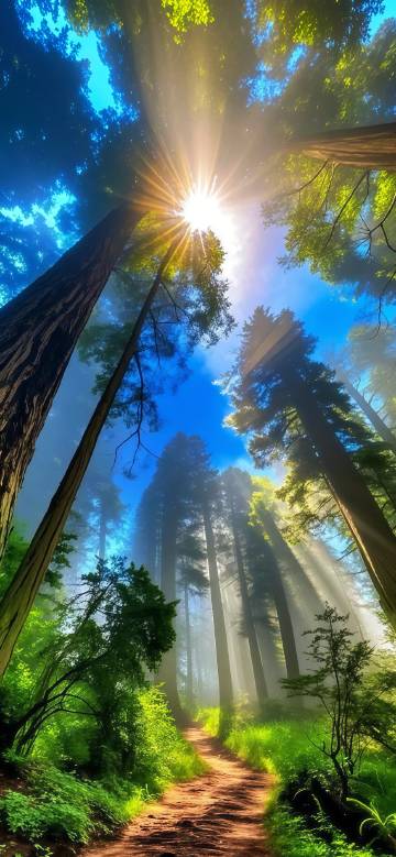 Sunny forest path with thick greenery phone wallpaper