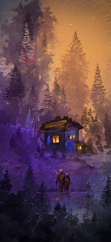 Cozy Cottage in a Forest of Purple Misty Pines Oil Painting 4K Wallpaper