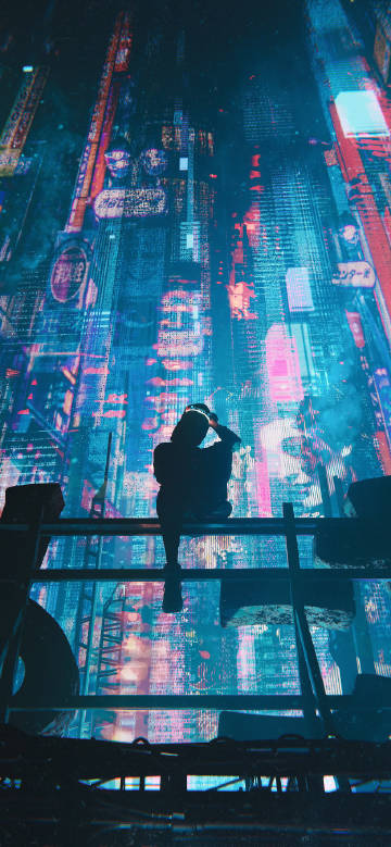 Cyberpunk city under the girl silhouette wallpaper