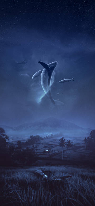 Whale and Sharks Flying Under a Starry Sky 4K Wallpaper