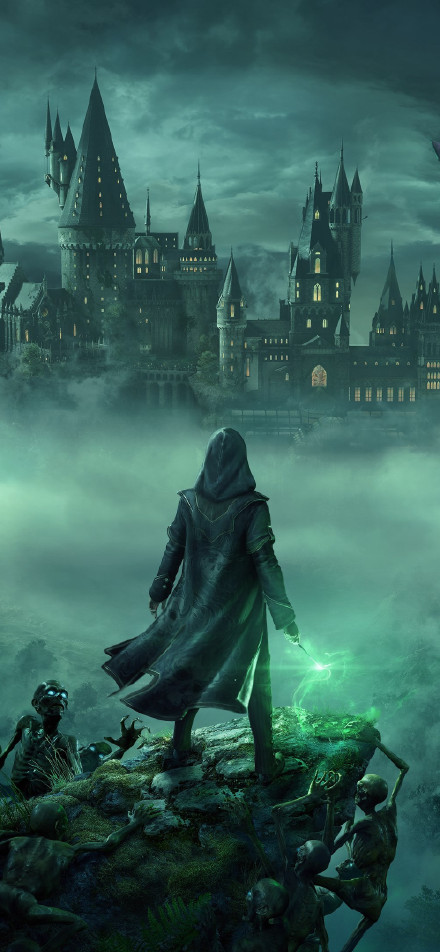 Mysterious Wizard Staring at Hogwarts Castle Wallpaper