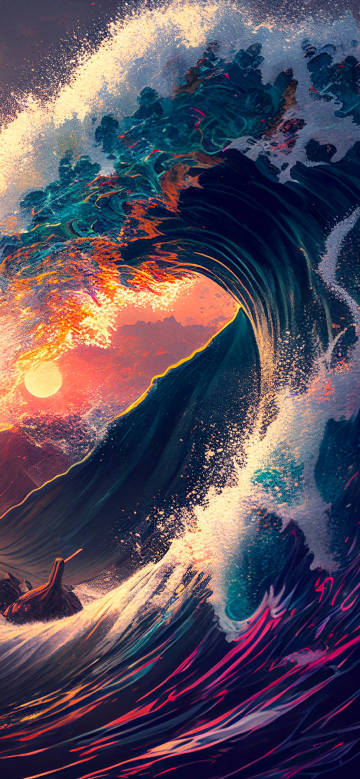Colorful Giant Wave with Sunset Wallpaper