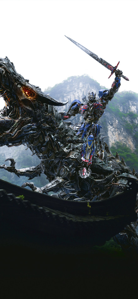 Optimus Prime holding a big sword riding on a mechanical dinosaur