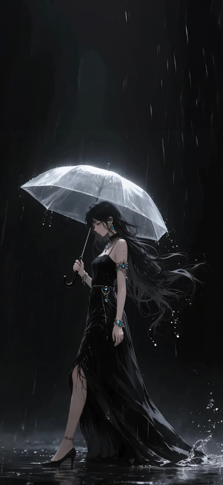 Anime beauty holding an umbrella on a rainy night