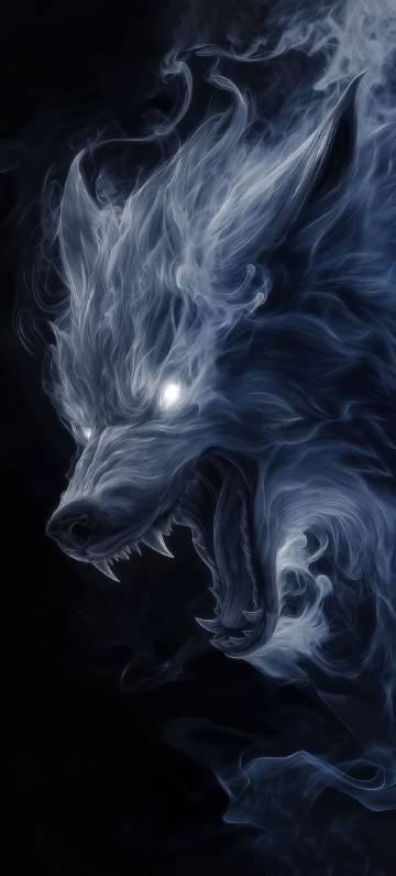 Roaring wolf in smoke against black background
