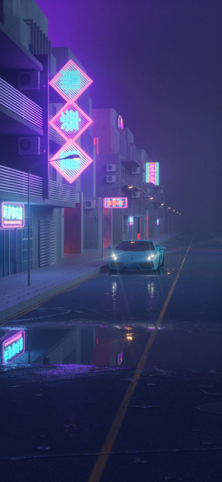 Lamborghini in Neon Street at Night 4K Phone Wallpaper