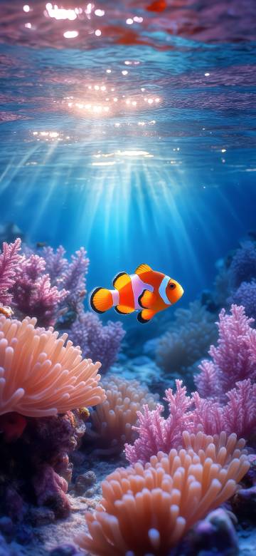 Clownfish swimming on the sea floor surrounded by corals