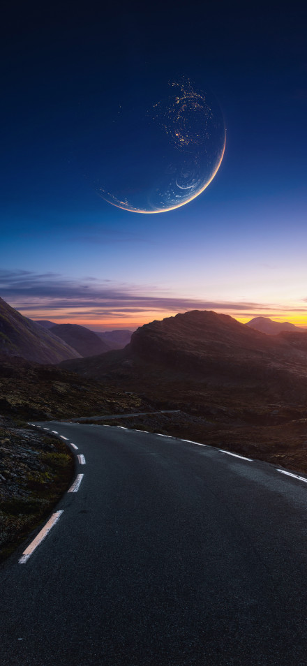 Winding Road Under A Giant Crescent Planet At Sunset 4K Wallpaper