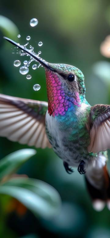 Colorful hummingbird with water drops dancing
