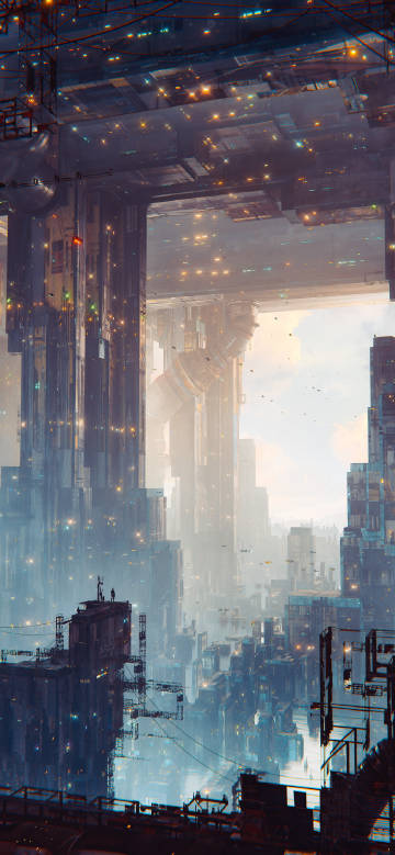 Tiny figure among cyber skyscrapers