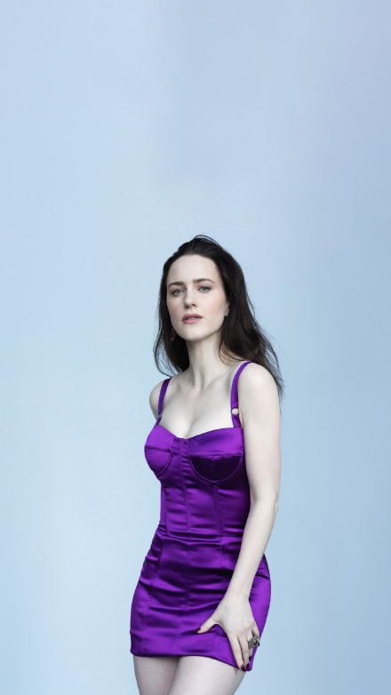 Rachel Brosnahan in a purple suspender skirt phone wallpaper