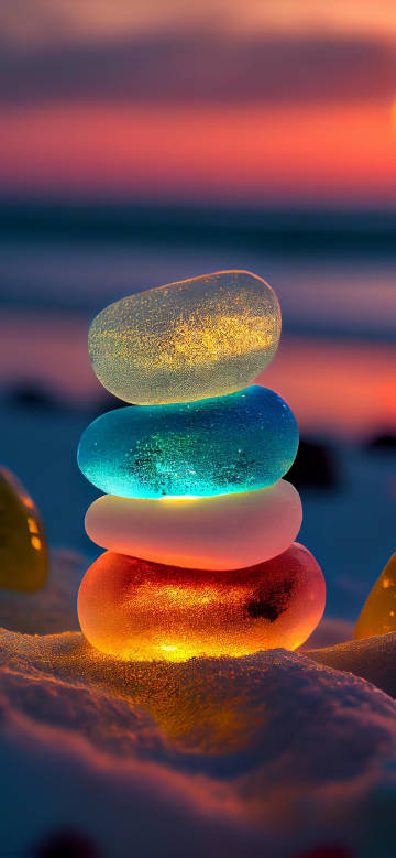 Pile of colorful glowing stones at sunset on the seashore