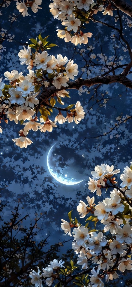 White Cherry Blossoms Under Moonlight Depth Effect 4K Wallpaper