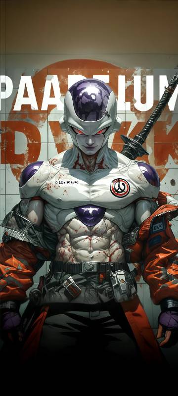 A cold warrior in a torn and bloodstained combat suit.