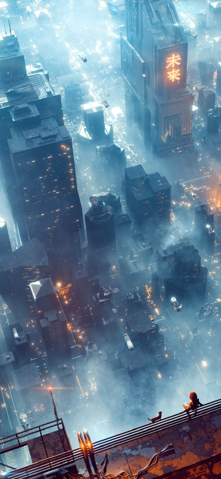Cyberpunk-style future city phone wallpaper