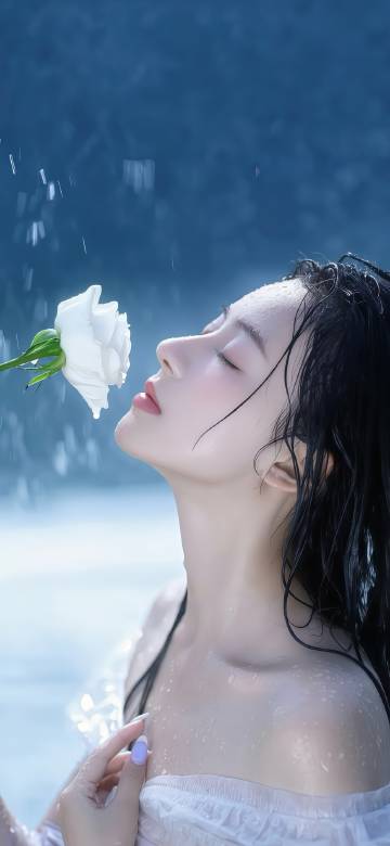 A Girl Holding a White Rose in the Rain Wallpaper 4K