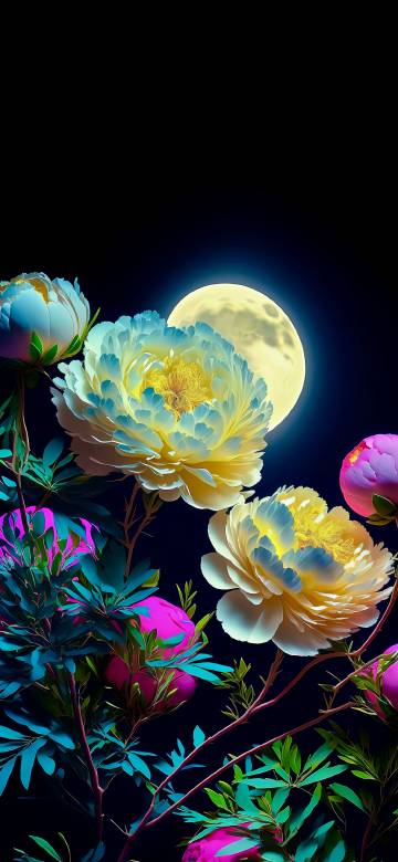 Fantasy Moonlight Peony 4K Phone Wallpaper