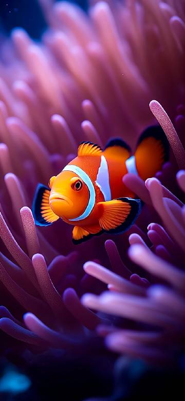A Clownfish Hiding in Purple Anemone Wallpaper
