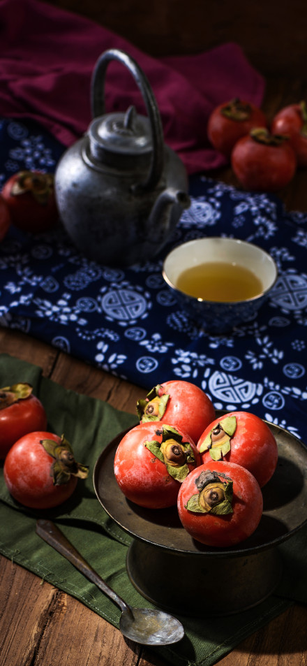 Fresh Red Persimmons with Tea Set 4K Phone Wallpaper