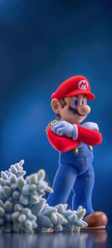Mario standing with arms crossed on a blue background