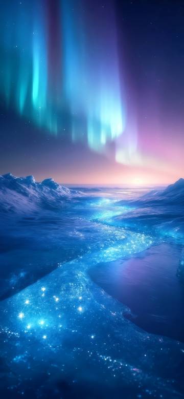 Amazing river under the dreamy starry sky and aurora phone wallpaper