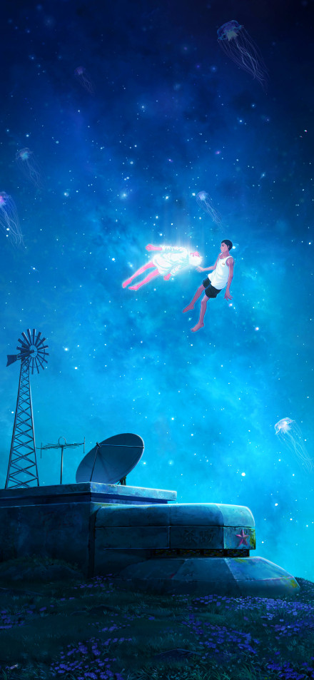 Fantasy night sky floating dream cartoon wallpaper