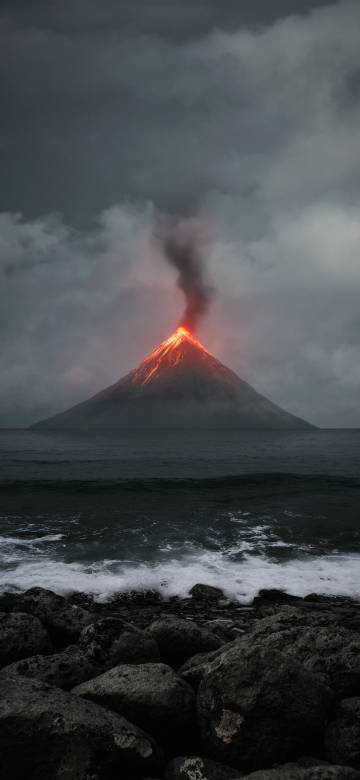Dark Erupting Volcano With Lava Ocean View 4K Wallpaper