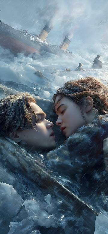 Titanic: Jack and Rose in Freezing Water Wallpaper 4K