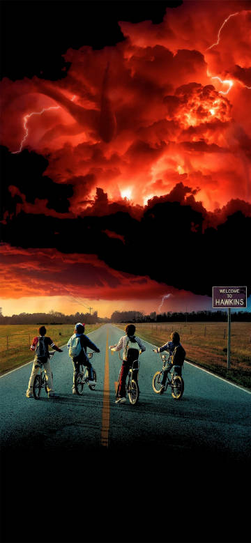 Four children on bicycles under a dreamy sky phone wallpaper