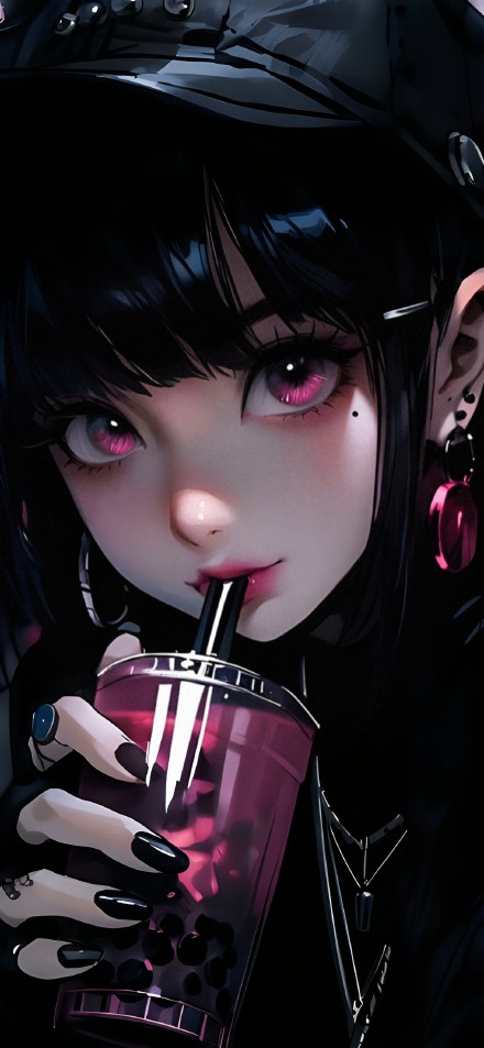 Dark Aesthetic Anime Girl Pink Eyes 4K Phone Wallpaper