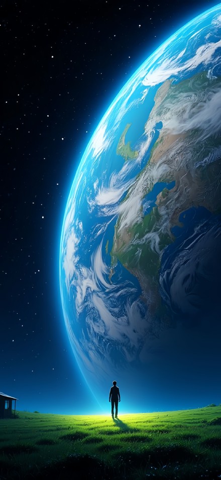 Man Standing in Front of a Giant Planet 4K Phone Wallpaper