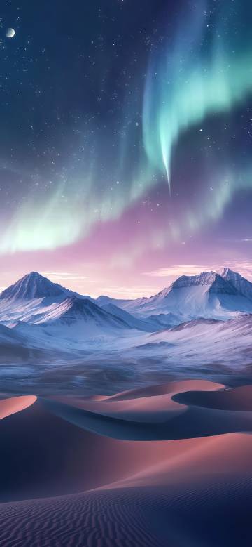 Desert and snow mountains under starry sky and aurora phone wallpaper