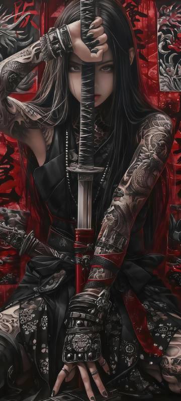 Cool tattooed girl warrior holding a sword phone wallpaper