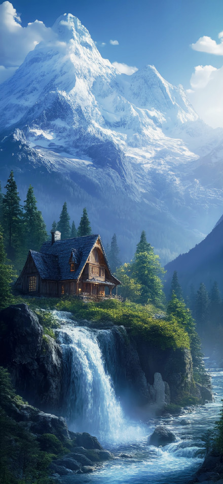 Chalets surrounded by forest at the foot of snow-capped mountains