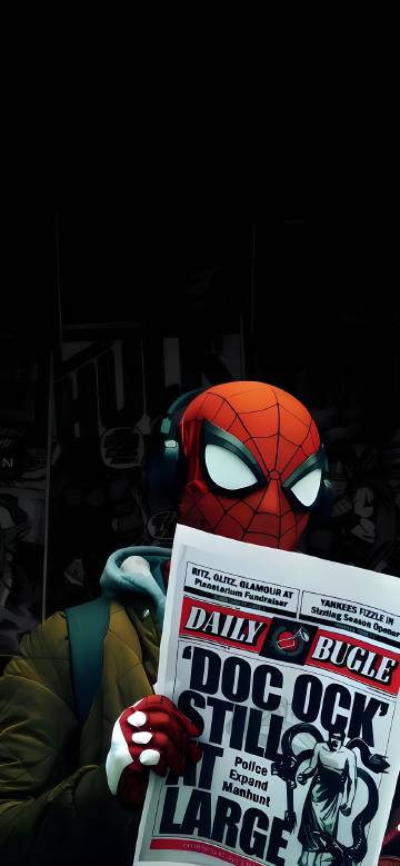 Spiderman wearing headphones and reading a newspaper phone wallpaper