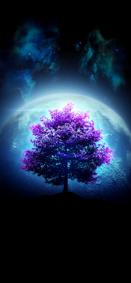 Dark phone wallpaper, planets, starry sky, purple tree