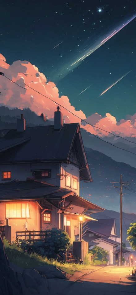 Town Shooting Star Night Healing Anime 4K Wallpaper