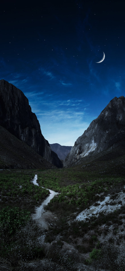 A view of the valley under a serene night sky phone wallpaper